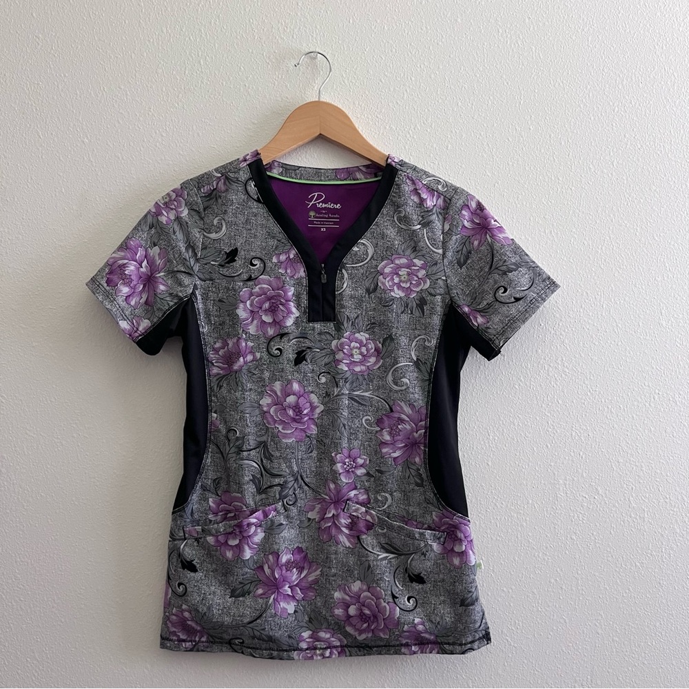 Premiere by Healing Hands Purple Floral Scrub Top